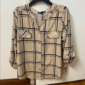 Adrienne Vittadini Tan and Black Plaid Long Sleeve Top